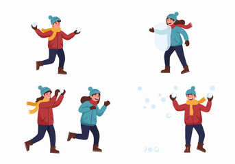 Joyful children and young adults playing a lively snowball fight in winter, enjoying outdoor fun and snow activities.