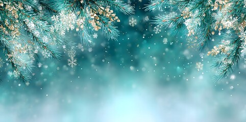 Fototapeta premium Elegant winter holiday background framed by frosted pine branches and pine cones with delicate white flowers, falling snowflakes, and a snowy foreground, providing ample copy space for text.