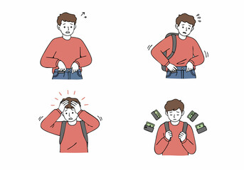 Young Man's Financial Woes: An Illustrated Narrative of Empty Pockets, Stress, and Money Problems.