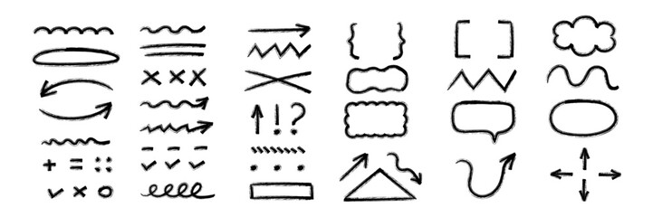 Chalk scribble doodle arrows and line elements set with crayon arrows, underlines, and handwritten check marks. Rough hand-drawn marker sketches in grunge brush texture, like kids’ pencil drawings.