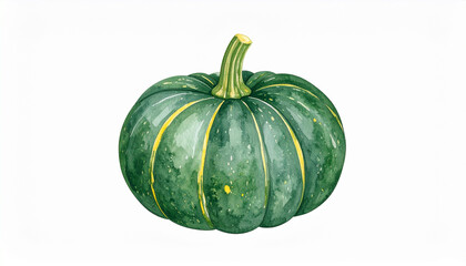 水彩画の日本かぼちゃ &ndash; 深緑色の自然な色合い
Watercolor Illustration of Japanese Kabocha Squash &ndash; Deep Green Natural Colors