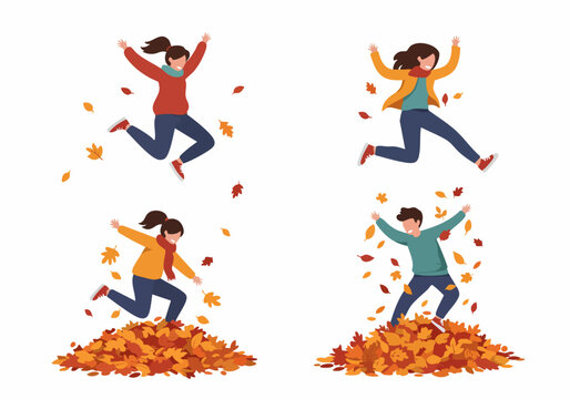 Joyful people jumping and playing amidst vibrant autumn leaves and piles, celebrating the spirit of fall with happiness and outdoor fun.