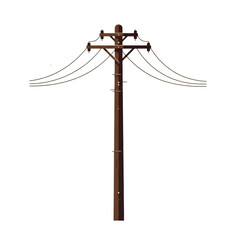 Isolated Brown Utility Pole with Attached Cables Against a Transparent Backdrop