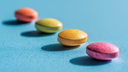 Colorful pills on blue, highlighting health, vitamins, or medication