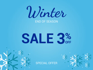 3% off sale banner. Three percent special offer. Winter sale banner. Winter End of Season Sale Background Design. Vector Template for advertising, web and social media.