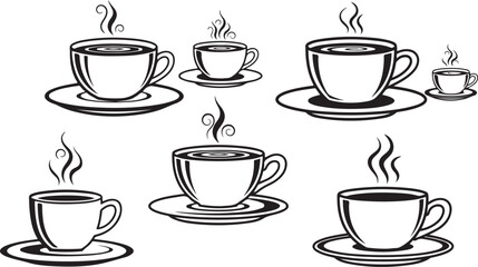 Various Cups of Hot Steaming Coffee or Tea on Saucers vector illustration