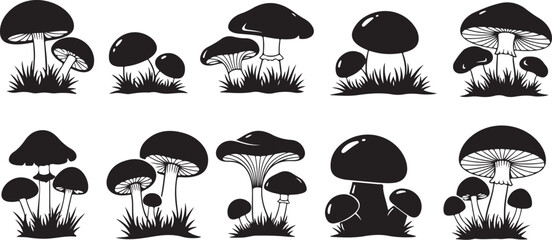 Naklejka premium Ten Black Silhouette Mushroom Clusters with Grass on White Background fungus toadstool