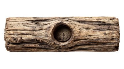 rustic wooden stem frame with central hole isolated on white background, HD realistic