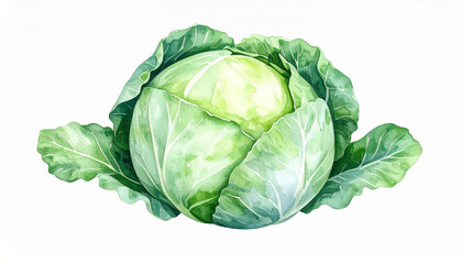Fototapeta premium 水彩画のキャベツ – 自然な色合いで描かれたリアルイラスト Watercolor Illustration of Whole Cabbage in Natural Colors
