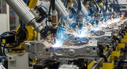 Obraz premium Automated robotic arms performing spot welding on automotive assembly line creating bright sparks