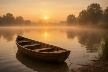 Obraz premium Serene wooden boat at sunrise on a misty lake