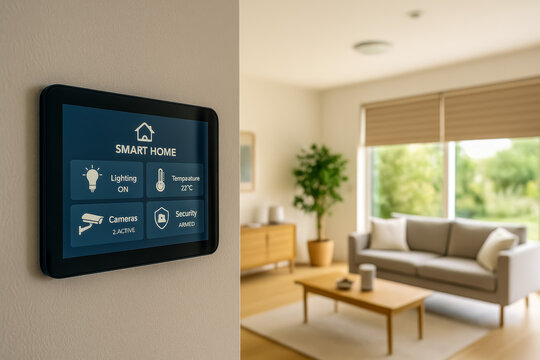 Smart home control panel displaying settings in modern living room