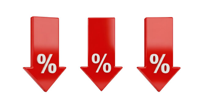 Three dimensional red arrows pointing down with the percentage sign indicating falling rates or declining values.