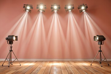 Studio lighting setup with ceiling-mounted and tripod spotlights casting intersecting beams on peach wall and wooden floor in empty space