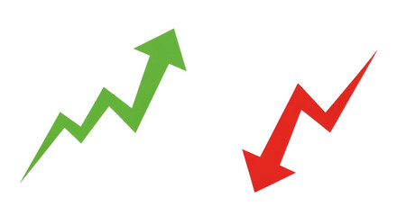 Green arrow trending upward, red arrow trending, depict the concepts of profit and loss.