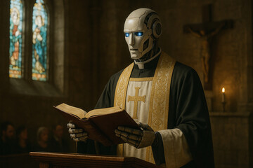 Conceptual photo: Humanity's attention and values are changing with the development of technology and AI. People listen with enthusiasm to a sermon delivered by a robot from the pulpit.