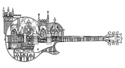 Obraz premium Guitar art drawing of a gothic cathedral inside a guitar body music instrument detailed illustration design