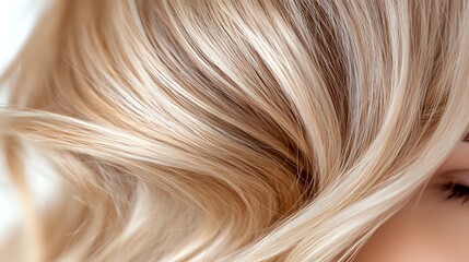 Naklejka premium Luxurious blonde wavy hair close-up showing smooth, silky texture and highlights. Professional hairstyling and beauty treatment result with natural shine and movement.