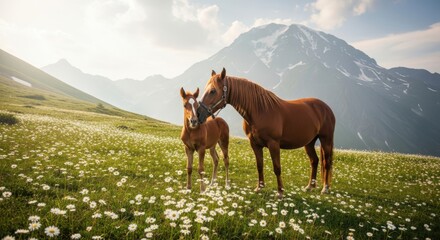 Majestic Horses Grazing in a Scenic Alpine Meadow