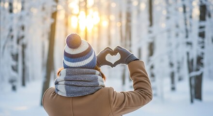 Person making heart shape with hands in snowy forest during winter