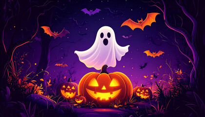 お化けとジャックオーランタンが浮かぶ夜空 – コウモリが舞う不気味なハロウィン風景
Spooky Night Scene with Ghost, Carved Pumpkin, and Flying Bats – Halloween Atmosphere