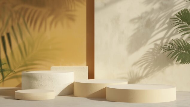 ometric forms. Empty stand podium in white orange color. Fashion show stage,pedestal, shopfront with shadow of palm leaves.