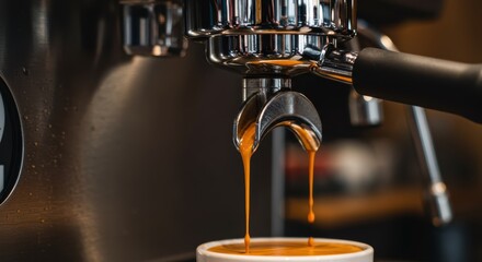 Close-Up of Espresso Machine Brewing Fresh Coffee with Crema Drip 