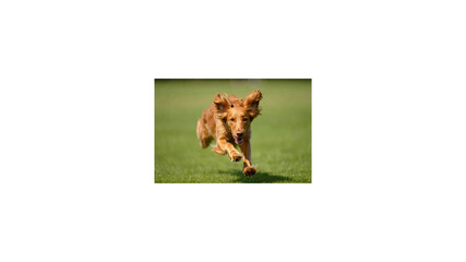 Fototapeta premium Golden Retriever puppy running joyfully on a lush green grass field during daytime