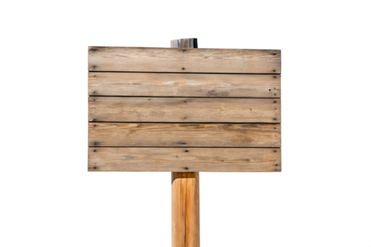 Rustic blank wooden signpost isolated on white. Empty textured wood surface for custom text or graphics, ideal for vintage, natural design projects, classic appeal.