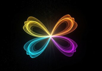 Abstract Colorful Glowing Light Trails forming Symmetrical Loop on Black Background