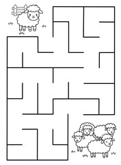 Maze activity sheet for children. Cute maze for kids. Kids labyrinth puzzle. Maze puzzle game for children with cute sheep.