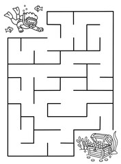Maze activity sheet for children. Cute maze for kids. Kids labyrinth puzzle. Black and white maze puzzle game for children with illustration of diver.