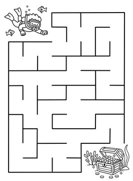 Maze activity sheet for children. Cute maze for kids. Kids labyrinth puzzle. Black and white maze puzzle game for children with illustration of diver.