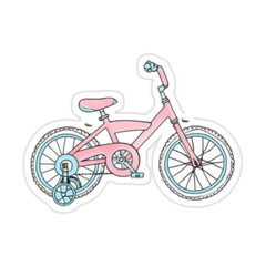 Fototapeta premium A pink and blue children's bicycle with training wheels, perfect for a young rider's outdoor adventures.