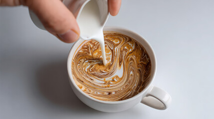 hand pouring milk into a cup of coffee