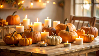 Obraz premium 木のテーブルに並ぶかぼちゃとキャンドルのハロウィン装飾 – Rustic Wooden Table with Assorted Pumpkins and Candles for Halloween