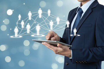 Businessman uses tablet to manage a digital network of people