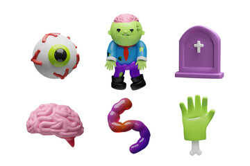 A colorful 3D Halloween vector set with spooky elements. Zombie character, eyeball, brain, worm, green monster hand, gravestone. Posters, invitations, party designs, and creepy seasonal decorations.