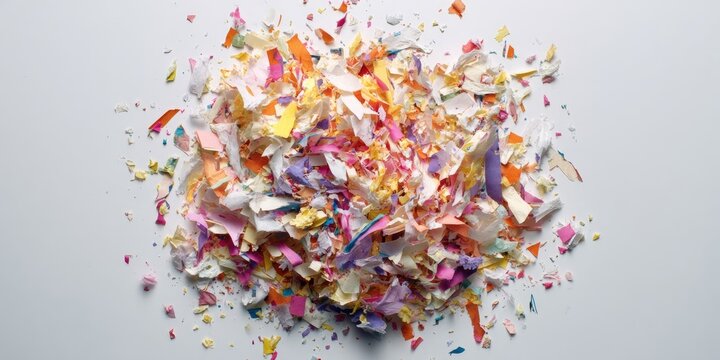 Colorful paper confetti scattered on a white surface