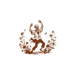 engraving logo design featuring a zombie dancing joyfully in a flower garden vector illustration