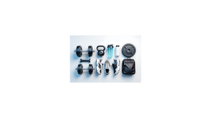 Comprehensive array of fitness and workout equipment, including dumbbells, kettlebells, and weight plates, neatly arranged for effective gym training and a healthy lifestyle.