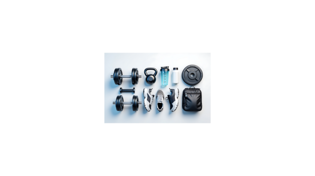 Comprehensive array of fitness and workout equipment, including dumbbells, kettlebells, and weight plates, neatly arranged for effective gym training and a healthy lifestyle. - Powered by Adobe