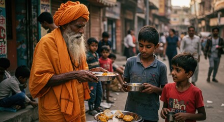 Obraz premium Elderly Man and Child Receiving Food During Charity Distribution – Poverty and Humanitarian Aid in India 