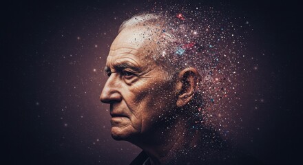 Elderly Man with Abstract Dissolving Head – Alzheimer’s Disease, Dementia and Memory Loss Awareness