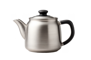 A sleek, metallic teapot with a curved spout and a comfortable handle, showcasing a modern design with a brushed finish.