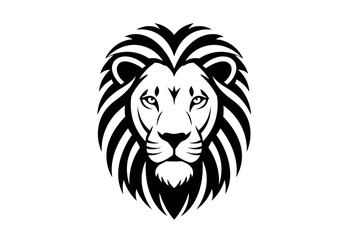 A lions face depicted in a bold graphic black and white style with a stylized mane