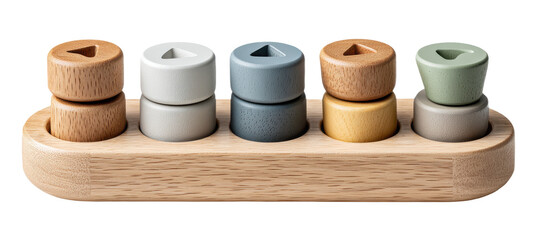 A wooden sorting toy featuring colorful cylindrical and triangular pieces arranged in a neat row.