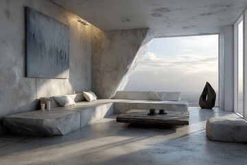 Modern, minimalist lounge with concrete structures, art, and scenic view