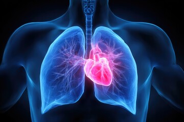 3D medical illustration of human lungs and heart