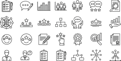 Evaluation icons, review, feedback, rating, customer satisfaction, business growth, quality assurance, performance, analysis, report, success, star ranking, communication